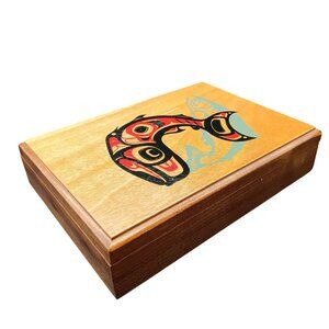 Handcrafted Wooden Salmon and Whale Trinket Box with Native Vintage Haida Design